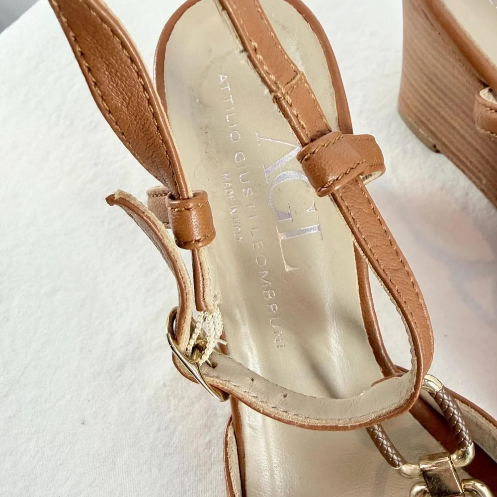 AGL Attilio‎ Giusti Leombruni Leather Strappy Wedge Sandal in Brown Size 8.5